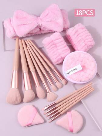 18pcs Travel Makeup Brush Set - 12pcs Multi-Purpose Facial Makeup Brushes & 3pcs Bow Wrist Strap & Hair Band Set & 3pcs Dry/Wet Powder Puff/Thickened Cleansing Puff
