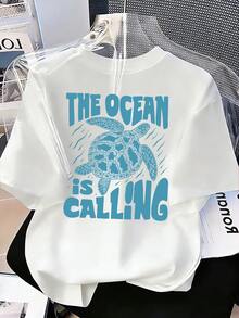 Tween Girls' Letter & Sea Turtle Graphic Round Neck Casual Short Sleeve T-Shirt - White - View 2