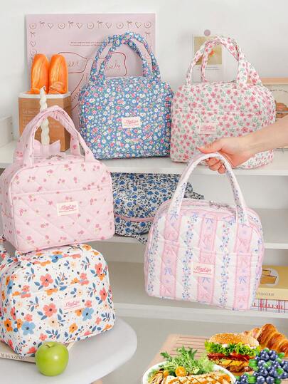 Large Capacity Reusable Insulated Lunch Bag Cute Floral Print Lunch Box Tote Quilted Insulation Lunch Bag Portable Lunch Bag For Women Waterproof Aluminum Foil Inner Lunch Bag Bento Pouch Dinner Insulation Bag Student Thickened Cute Lunch Fruit Bag Zipper Design Simple & Elegant, Mother's Day Gift, Essential For Picnic Food Storage & Keeping Warm Bag For School School Accessories School Stuff