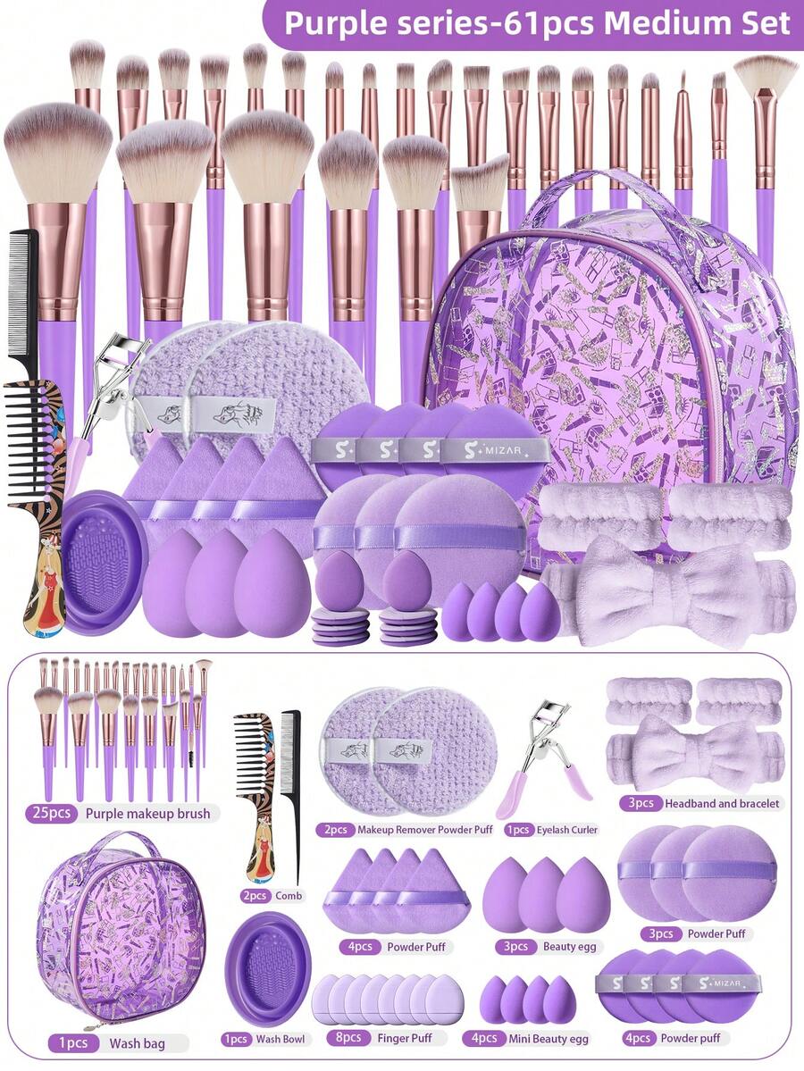 61件套化妆刷套装，包括眼影刷、眉刷、粉底刷、散粉刷、腮红刷、遮瑕刷和高光刷，采用超柔软优质合成毛制成，适合日常面部化妆。 - 紫色 - 查看 1