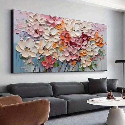 1幅无框墙面艺术海报，现代植物抽象花卉帆布画 - 米白色，适用于客厅、卧室、办公室的墙面装饰