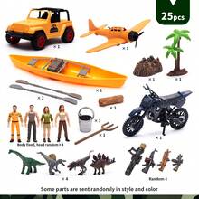 这款25件套玩具车套装专为身着军装的男孩设计，包含4种恐龙模型、汽车和战斗机，配有人偶、仿真山脉、仿真树木、火箭发射器等配件，支持搭建冒险场景和角色扮演，适合作为男孩生日派对游戏礼物、圣诞礼物、儿童玩具或男孩玩具。 - 彩色 - 查看 12