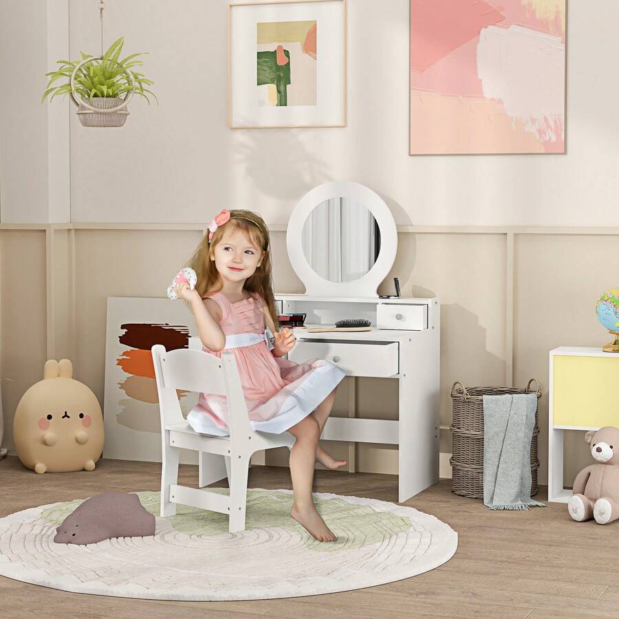 AIYAPLAY Kids Dressing Table With Mirror And Stool, Kids Vanity Table Make Up Set With Storage Drawers Gift For Aged 3–8 Years Old - White - White - View 1