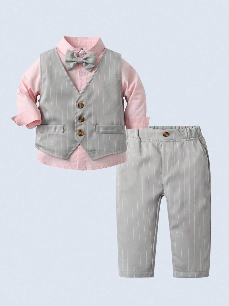 BOARNSEORL 三件套男童绅士套装 - 长袖衬衫配蝴蝶结、灰色马甲和灰色长裤，时尚百搭，适合生日派对、婚礼、家庭聚会、情人节等场合。 - 灰色 - 查看 1