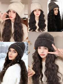 保暖针织帽假发，16英寸蓬松波浪卷发，采用耐热合成纤维制成，适合女性秋冬季佩戴。 - 彩色 - 查看 7