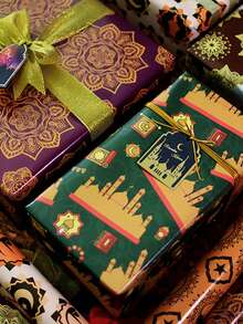 6pcs Elegant Holiday Gift Wrapping Paper, Islamic Muslim Party Supplies, Crescent Moon & Star Pattern With Gold Accents, Suitable For Birthday, Anniversary And Holiday Celebrations, Complex Design Paper, Polypropylene Material, Holiday Gift Wrapping Paper - Multicolor - View 6