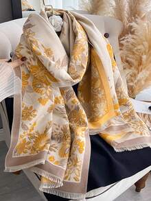 1条优雅花卉植物图案提花仿羊绒保暖围巾/披肩，用途广泛，适合女性，秋冬季节，日常搭配和装饰。 - 黃色 - 查看 2