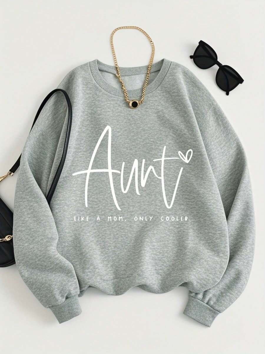 2026 Valentine Outfits For Women Daily Cool Auntie Text Hoodie - Fashion Print Creates Style, Round Neck Pullover Design, Comfortable Soft Women's Sweatshirt Loose And Comfortable Valentine's Day - Màu Xám nhạt - Xem 1