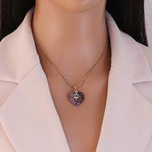 天然宝石心形微镶锆石吊坠项链，适合女士日常佩戴 - 金色 - 查看 9