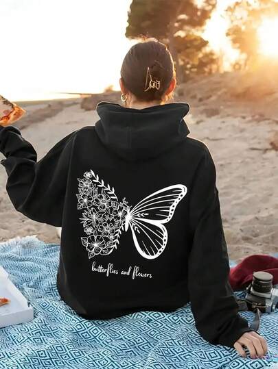 Ladies' Comfortable Butterfly And Floral Pattern Hoodie - Fashionable Long-Sleeved Pullover, Kangaroo Pocket, Autumn And Spring "Butterfly And Flower" Slogan