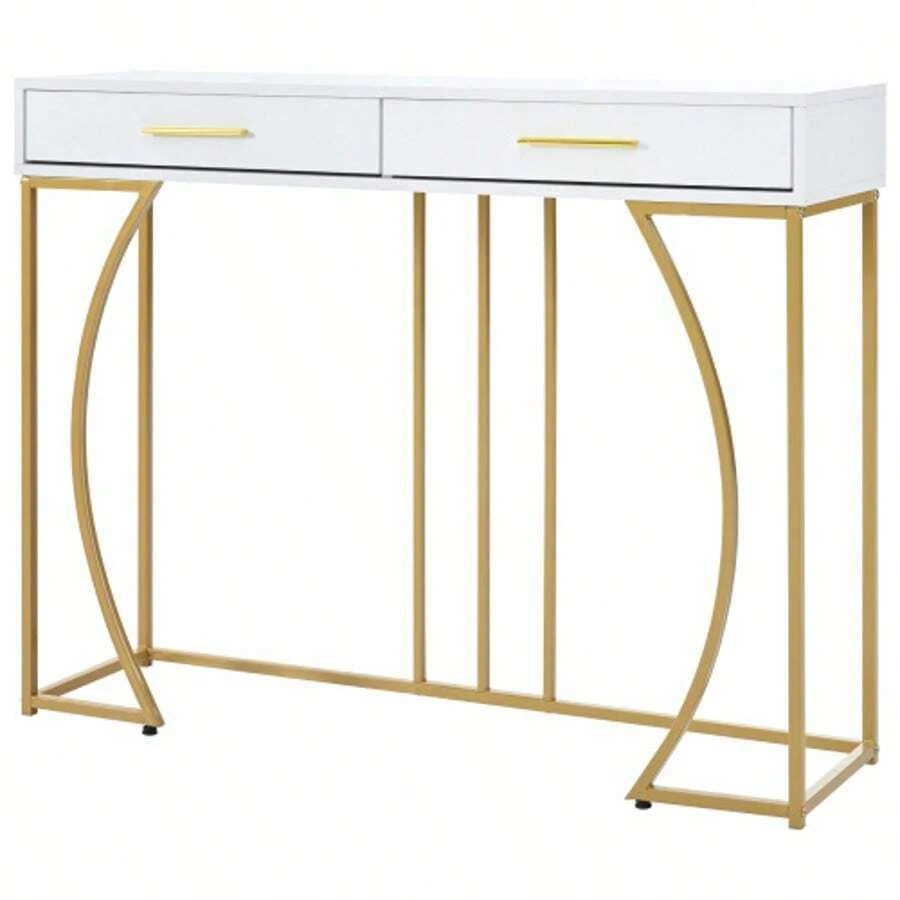 Console Table, Hallway Table With 2 Drawers, Lightweight Luxury Style Side Table, Sofa Table, 120x38x76 Cm, White/Gold - White - View 1