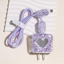 6pcs Shiny Purple Heart Charger & Cable Protector Set, With EVA Storage Bag And Data Cable Protector - Compatible With Apple 18W/20W Adapter - Mauve Purple - View 5