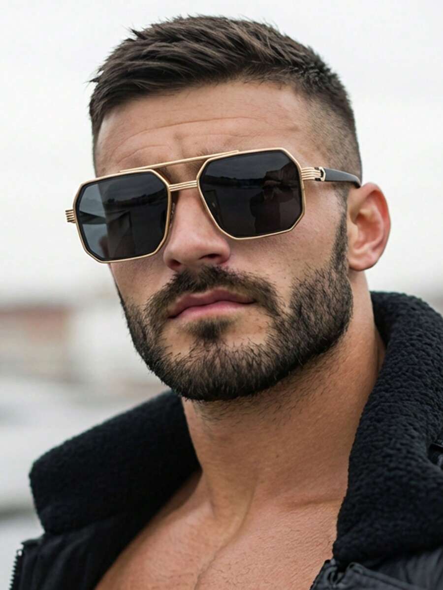 1副男士金色方形PC框复古双梁街头风度假时尚眼镜 - 金色 - 查看 1