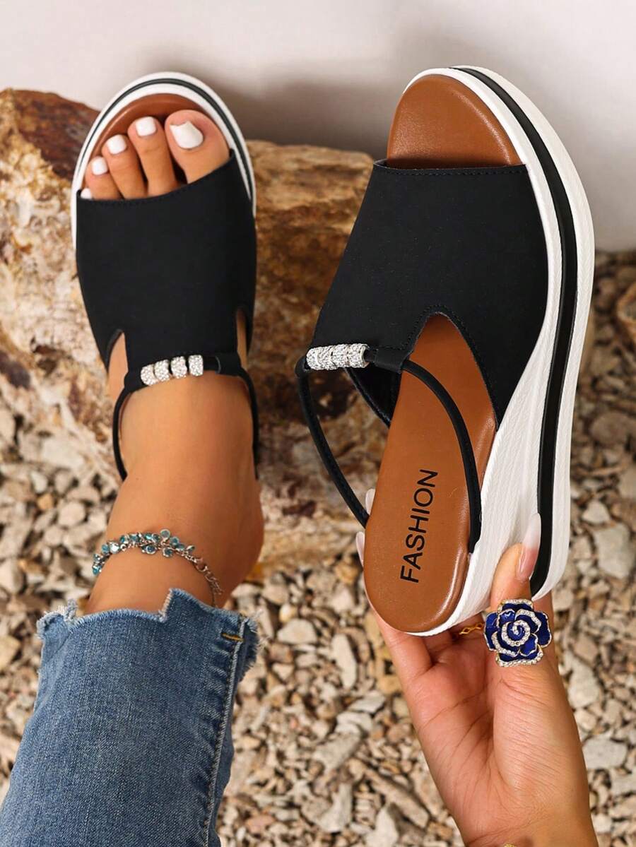 2026夏季新款厚底女式拖鞋,时尚百搭休闲凉鞋,户外沙滩女式凉鞋,高跟女式凉鞋,坡跟凉鞋,大学生女鞋 - 黑色 - 查看 1