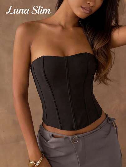 Top Bustier com Zíper Novo de Moda Outono/Inverno para Mulheres Luna Slim, Corpete Preto, Modelador Sexy Retrô Espinha de Peixe, Cropped Camisole Curto, Elegante e Ajustado de Alta Qualidade, Adequado para Uso Diário, Festa, Encontro, Rua, Performance, Ao Ar Livre, Volta às Aulas, Estilo Punk, Ação de Graças, Festival de Música, Natal, Ano Novo, Festa