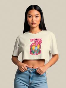 Blusa Cropped  Personagem Retro Pantera Cor De Rosa  Top oversize feminino anos 2000 Preto Marrom Off Whte 100% Algodão gola redonda - OFF - Visão 2