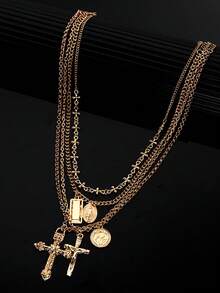 新款欧美时尚男士个性化多层十字架、长方形和圆形吊坠项链 - 彩色 - 查看 7