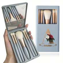 5pcs Personalized Travel Makeup Brush Set, Custom Name Cosmetic Brush Holder With Mirror, Large Capacity Plastic Organizer Case, With DIY Apricot For Foundation, Eye, Nose, Smudge, Shadow Brushes - Multicolor - View 4