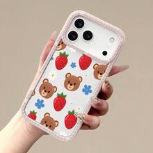 Étui de téléphone populaire avec motif d'ours et de fleurs, incrustation de diamants double face, bord souple, dos dur, coque transparente, convient pour iPhone 17/16/15/14/13/12/11 Plus/Pro/Max/Pro Max - Design créatif et à la mode pour hommes et femmes, cadeau - Noir - Voir 6