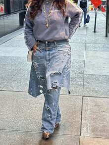 Valentine's Day, Date Night Outfit, Gifts For Her GLOURI Women's Deconstructed 2 In 1 Jeans - Low Rise Vintage Wash  & Asymmetric Distressed Rips | Edgy Streetwear Denim Pants For Concerts & Night Out & Party & Casual - 藍色 - 查看 3