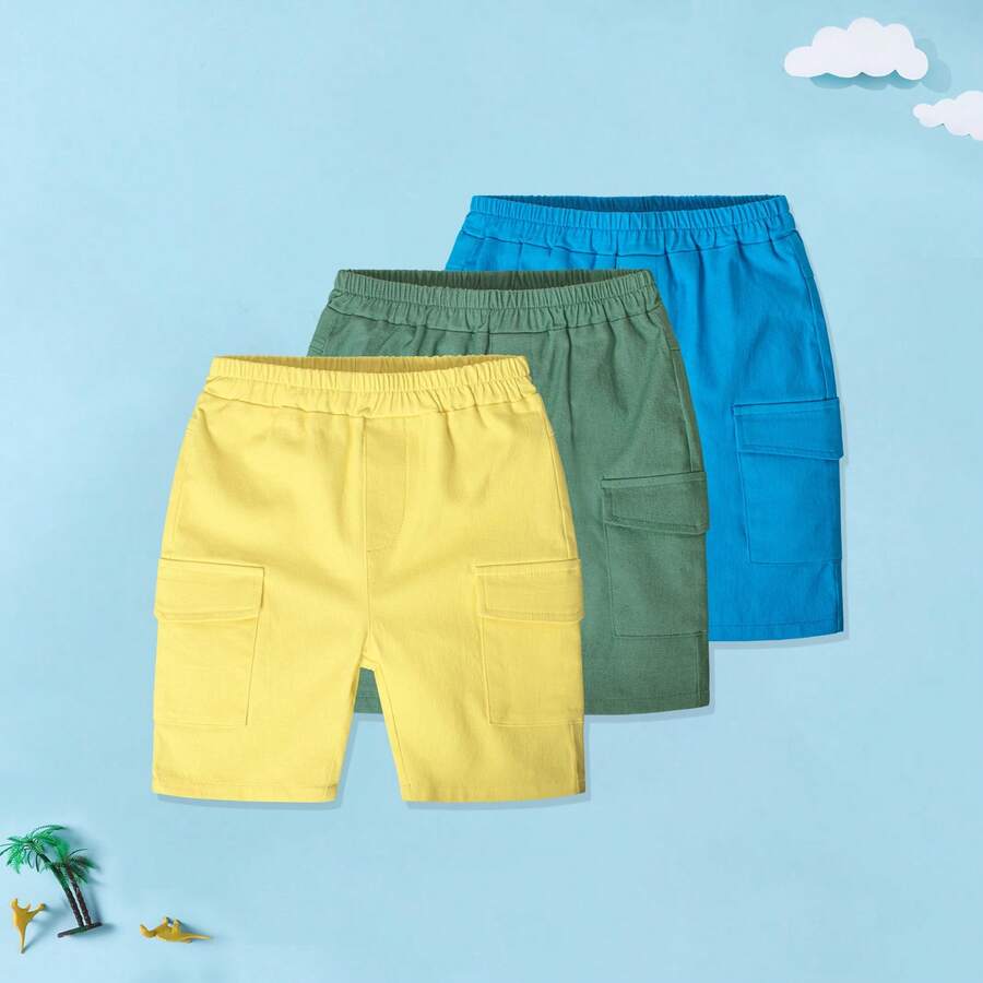 2026 Spring/Summer New 3 Pieces Solid Color Sports Shorts For Boys, Young Boy Casual Home/TravelBermuda Shorts - Multicolor - View 1