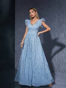 V领雪纺连衣裙，饰有荷叶边和蕾丝拼接，刺绣，褶裥蓬蓬裙，蓝色女式连衣裙 - 藍色 - 查看 1