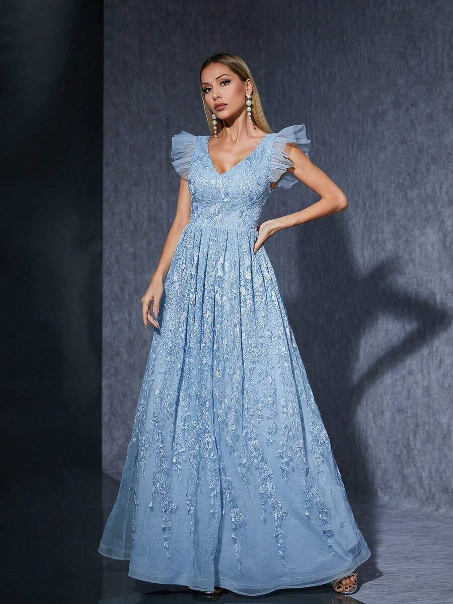 V领雪纺连衣裙，饰有荷叶边和蕾丝拼接，刺绣，褶裥蓬蓬裙，蓝色女式连衣裙 - 藍色 - 查看 1