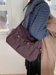 Lightweight Foldable Plaid Shoulder Bag, Casual Versatile Multi-Pocket Sweet Style Crossbody Bag, Suitable For School, College, Shopping, Short Trip, Zipper Closure, Drawstring, Pleated Crescent Design - Multicolor - View 8