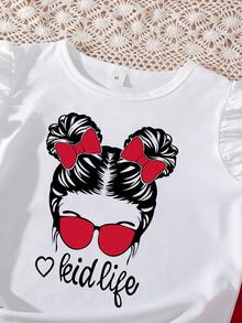 Tween Girl Cartoon Print T-Shirt And Button Front Skirt Set - Red - View 3