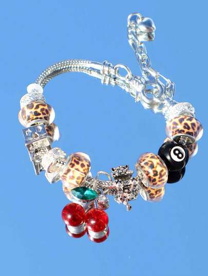 1pc Leopard Print Cherry #8 Billiard Ball Charm Bracelet, 1pc Leopard Print Heart Bracelet, 1pc Leopard Print Panther Bracelet, 1pc Leopard Print Star DIY Bracelet, Retro Music Festival Fashion Bracelet