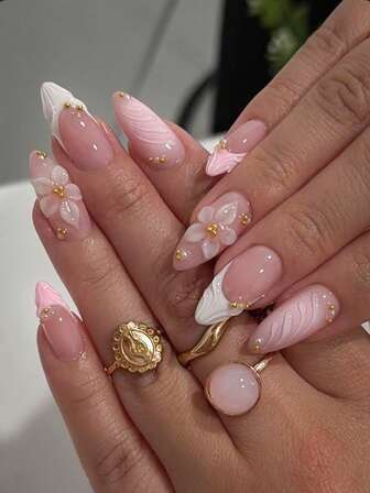 [Alla hjärtans dag-present] 10 st Y2K-stil | Vita tredimensionella blompressnaglar, rena handgjorda rosa mandelnaglar i fransk stil, transparent rosa grundfärg, tredimensionella blommor och lösnaglar dekorerade med guldpärlor, mjuka och söta, ett måste året runt, lämpliga för dagligt bruk på gatan, dejting och lättare socialt bruk, det är den bästa presenten för tjejer och kvinnor.