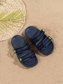 1 Pair Kids/Toddlers Summer EVA Casual Slippers, Soft, Lightweight, Fabric Strap, Hook And Loop, Minimalist, Fashion, Beach, Durable, Vacation Sandals - Blue - View 7