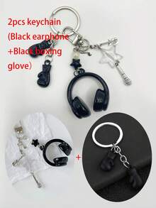 音乐耳机钥匙扣，配有吉他和麦克风吊坠，可作为包包/背包装饰，可爱Y2K风格，是节日、开学、圣诞节、万圣节送给音乐爱好者的理想礼物，也适合送给老师、朋友、姐妹。