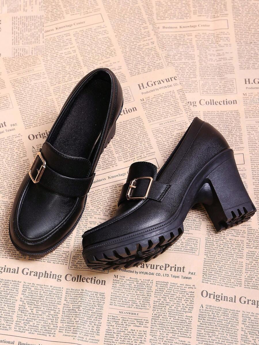 Giày lười đế dày khóa kim loại màu đen kiểu retro mùa xuân sớm 2026, giày đế xuồng chống thấm nước phong cách vintage gợi cảm dành cho nữ. - màu đen - Xem 1