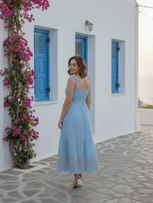 Women's Midi Dress With Tie Straps In Lace. - BLUE EMBROIDERED - View 3