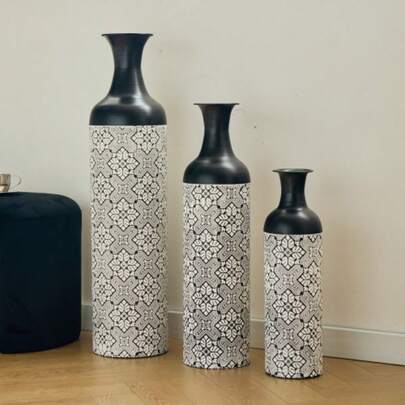Set Of 3 Large Floor Vases (50/66/83 Cm): Large Decorative Metal Vases With Geometric Pattern, Flower Pots As Decoration For Living Room, Hallway And Office In A Modern Design.