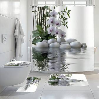 1pc/3pcs/4pcs Fresh Water Stone Orchid Shower Curtain Set, Toilet Seat Bath Mat Floor Mat Set, Very Quiet Bamboo Orchid Stone Shower Curtain, Perfect For Bathroom Decoration, Universal Room Decoration, Home Decoration Set, Bathroom Accessories Bath Curtain Toilet Side Floor Mat Shower Curtain