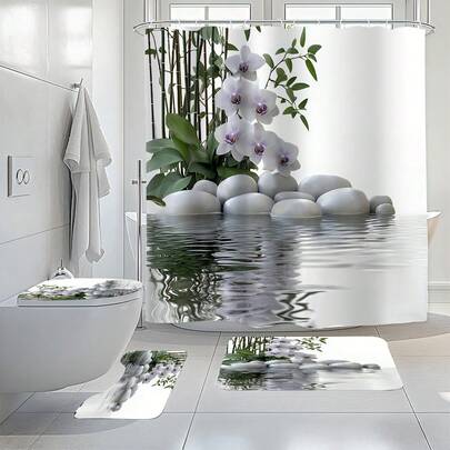1件/3件/4件套淡水石兰花浴帘套装，马桶座垫浴室地垫套装，超静音竹兰花石浴帘，完美适用于浴室装饰、通用房间装饰、家居装饰套装、浴室配件浴帘马桶边地垫浴帘