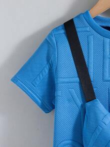 2pcs/Set Boys' Casual Solid Color Crew Neck Short Sleeve T-Shirt And Shorts, Regular Fit, With Pouch, Summer - Blue - View 4