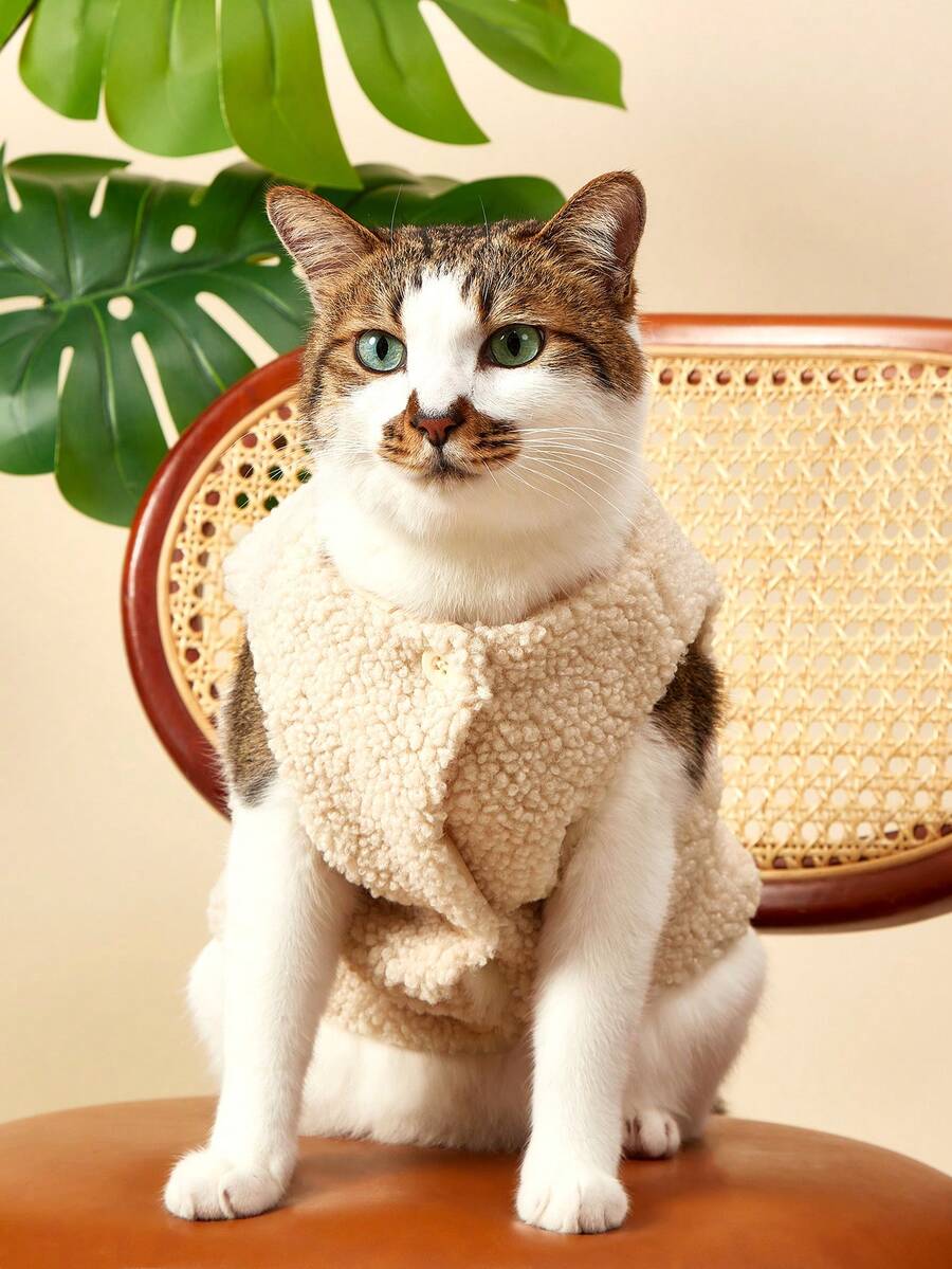 PETSIN 可爱ins风宠物服装，秋冬款狗狗猫咪保暖羊毛背心外套 - 杏色 - 查看 1