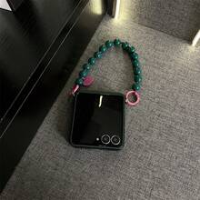 Deep Green Vertical Striped Phone Case With Heart-Shaped Beaded Bracelet, Compatible With Samsung Galaxy ZFlip7, ZFlip6, ZFlip 5, Shock-Resistant Back Cover - Dark Green - View 11
