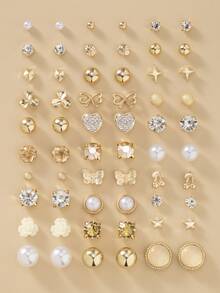 60pcs Fashion Metal Butterfly, Heart, Rhinestone, Moon, Bow Knot, Flower Stud Earrings Set, Jewelry Gift, Suitable For Women Daily Wear - Yellow Gold - View 7