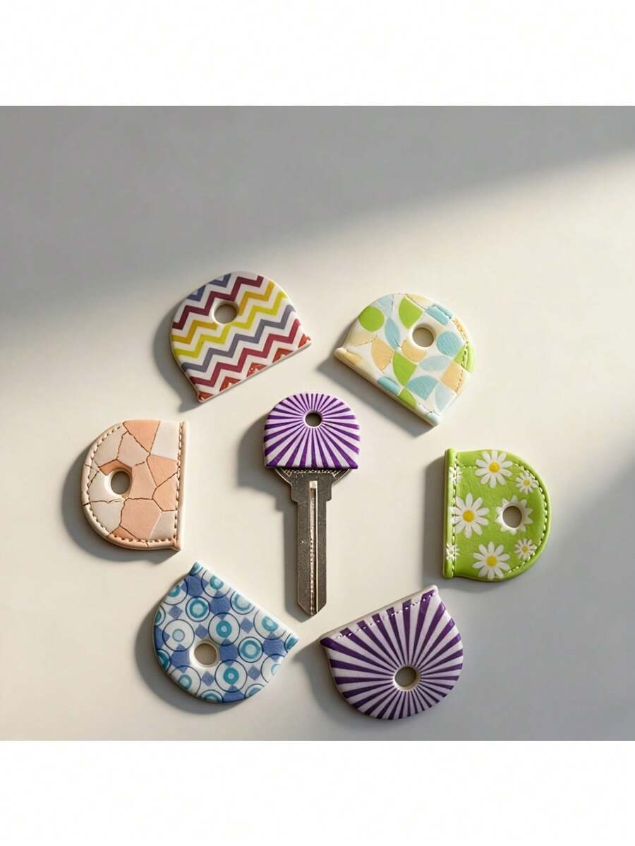 硅胶钥匙帽 - 彩色花卉钥匙套，线条、花朵、圆圈图案新颖设计，灵活易辨，快速识别，耐用材质，趣味设计，钥匙扣配件，适用于门钥匙、家门钥匙、办公室钥匙 - 耐用防滑钥匙保护套，钥匙标签