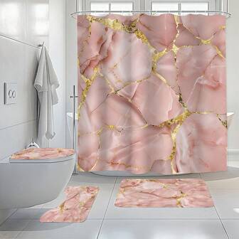 1pc/3pcs/4pcs Minimally Sweet Marble Shower Curtain Set, Toilet Seat Bath Mat Floor Mat Set, Modern Minimally Marble Texture Printed Shower Curtain, Very Suitable For Bathroom Decoration, Universal Room Decoration, Home Decoration Set, Bathroom Accessories Bath Curtain Toilet Side Floor Mat Shower Curtain Set