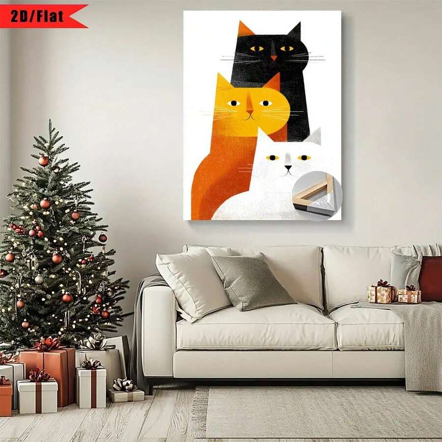 1 Pieza Decoración de Pared Minimalista - Tablero de Patrón de Gato Apilado de Tres Capas, Tono Neutro Moderno Adecuado para Sala de Estar, Dormitorio, con Gancho Colgante y Marco Envuelto, Regalo de Vacaciones para Parejas, Diseño Plano 2D, Decoración de Habitación Perfecta - Multicolor - Ver 1