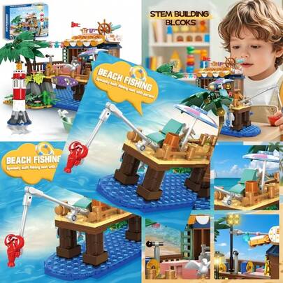 Seaside Beach Camping House Building Set - Fishing Island Harbor Detailed Model Kit With Cabin Lighthouse Boat Palm Trees Christmas Birthday Building Toy Gift For Boys Girls Age 6-12+Material Safety And Rich Functionality