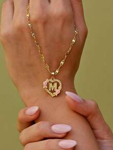 Customized Letter & Floral Necklace, Hollow Heart Flower Letter Necklace, Elegant Clavicle Chain Jewelry, Customized Letter & Floral Pendant Necklace, Unique Valentine's Day Gift - Gold - View 2