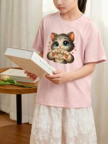 Tween Girls Students Casual Pink Graphic Print Round Neck Short Sleeve T-Shirt, Summer Top - Pink - View 2