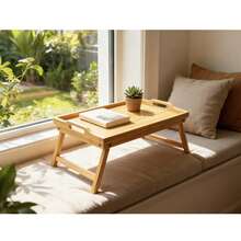 Esta mesa de centro de bambú plegable, portátil y multifuncional no requiere ensamblaje y es perfecta para salas de tatami, balcones y oficinas. - Amarillo Mostaza - Ver 5