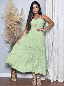Long Strappy Dress With Built-In Bra, Striped Design, In H-2 Crepe Fabric. - Lime Green - View 1